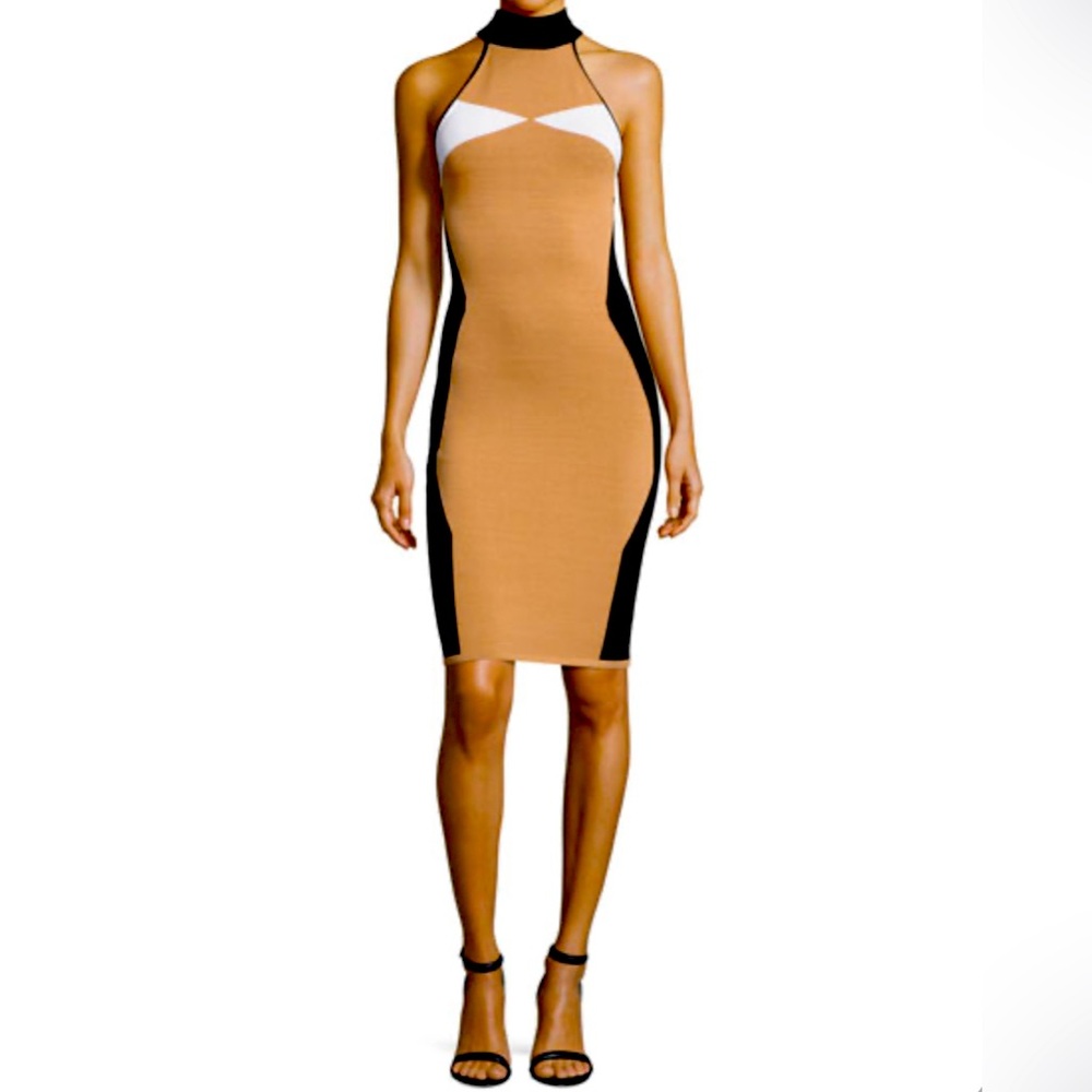 NWT Kendall + Kylie Sleeveless Mock-Neck Intarsia Fitted Dress,Camel/White/Black